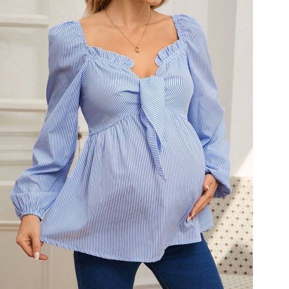 Maternity Stripes Ruffle Detail Long Sleeve Peplum Blouse - Picture 6 of 7